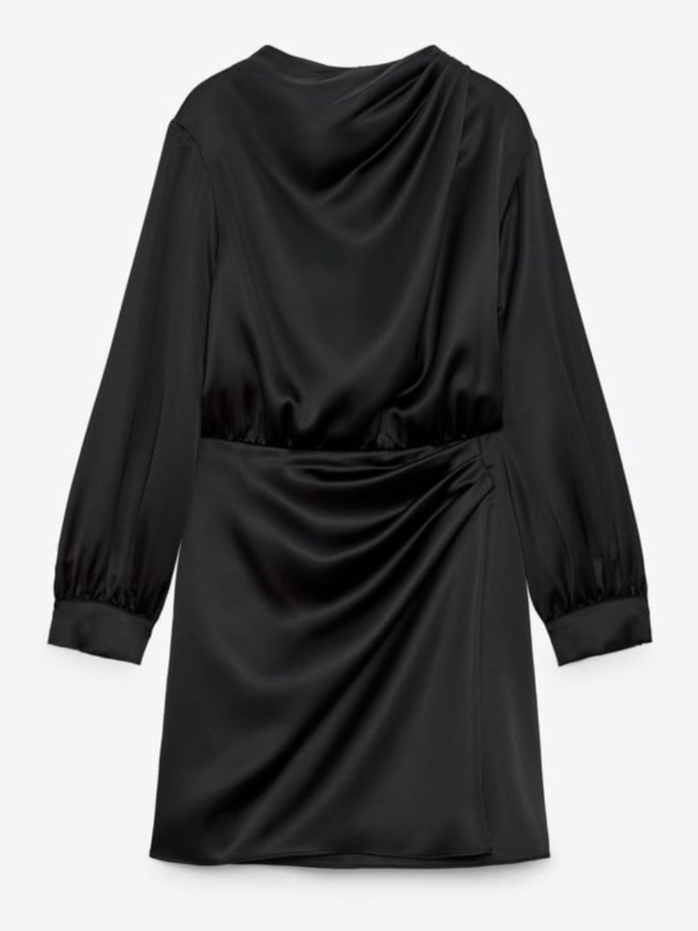 Zara Black Satin-Effect Long Sleeve Draped Mini Dress